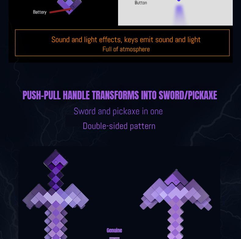 2 in 1 Sword & Pickaxe Transforming Toy with Game-Inspired Light & Sound Effects for Kids