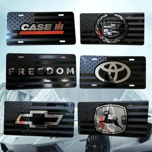 Black American Flag License Plate Metal Front Tag, Patriotic Blackout Vanity Plate for Cars & Trucks, Toyota, Chevy, Cadillac, John Deere, Case IH, Freedom Design