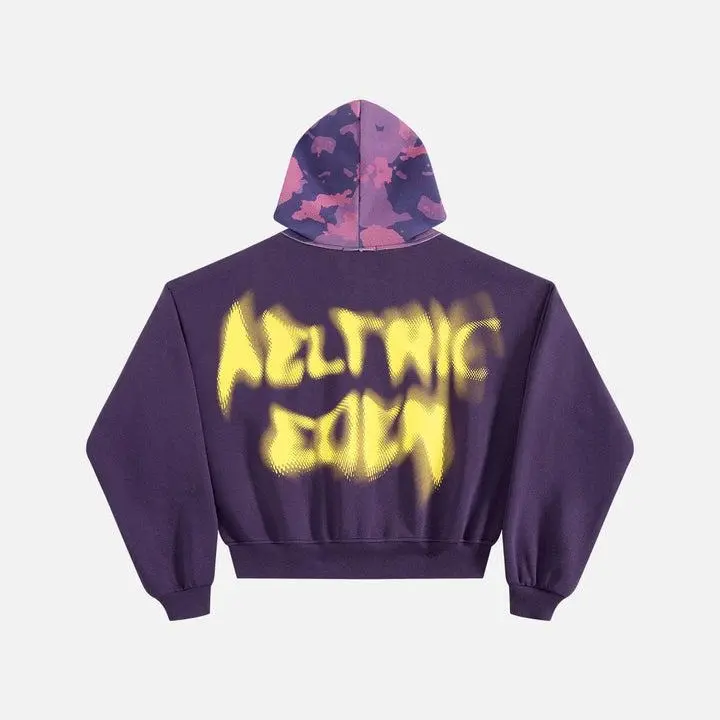 Aelfric Eden Boxy CAMO Hood Zip Up Hoodie Oversized Boxy Cropped Fit Camo Hood Blurred Gradient Back Print Full Zip Closure Soft Fabric Retro Streetwear Unisex Top,back to school,back to school shopping