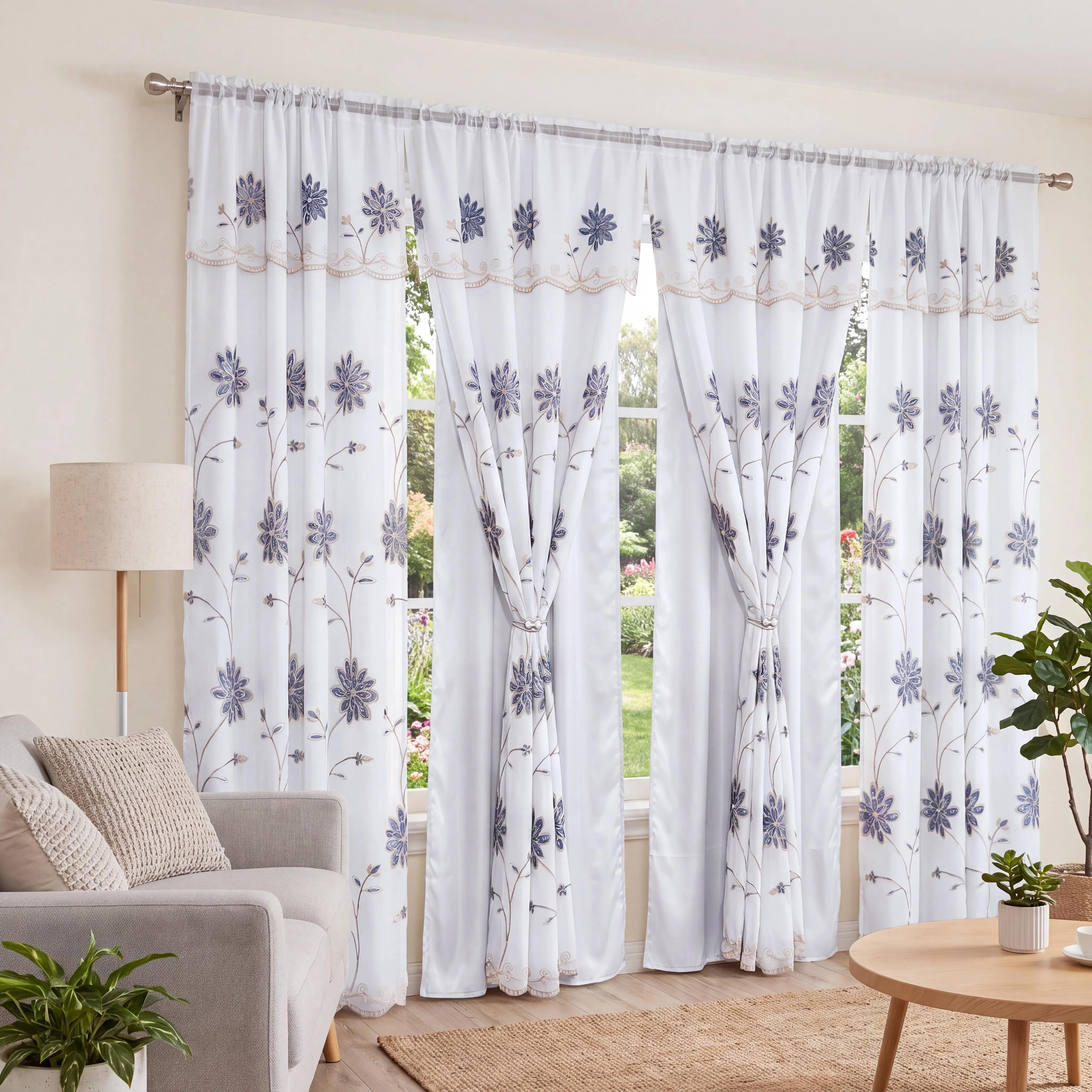 Floral Embroidered Curtains 4 Panels Set 52x84 Inch with Matching Valance 52x18, Luxury Double Layer Drapes with Satin Blackout Liner, Vintage European Rod Pocket Window Treatment, Elegant Classic Decor for Living Room Bedroom Farmhouse Cottage QF36