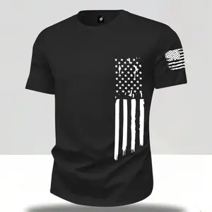 Men's black short-sleeved crew neck T-shirt, made of slightly stretchy and comfortable fabric, regular fit, featuring star and flag print. A stylish and versatile summer casual top for men, perfect as a gift for your husband or boyfriend.