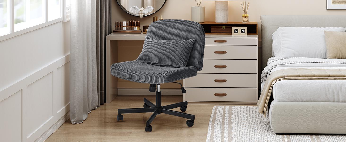 【Massage & Cozy Cushion】ONBRILL Criss Cross Chair with Wheels, Massage Cross Legged Office Chair with Double Layer Sponge Cushion, Corduroy Wide Armless Office Desk Chair Mid Back Swivel Vanity Chair for Home Office, Bedroom Furniture
