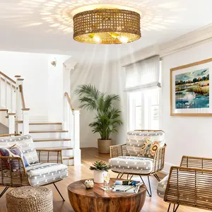 20" Boho Rattan Ceiling Fan with Light & Remote, Low Profile Flush Mount Caged Fandelier, 6-Speed Reversible Quiet DC Motor, E26 Base, Handwoven Wicker for Bedroom, Living Room, Kitchen