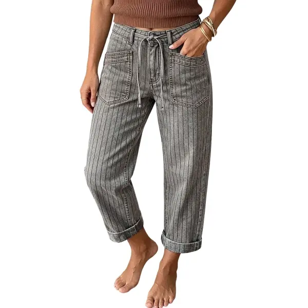 Flamingals Striped Roll Hem Drawstring Mid Waist Straight Leg Cropped Pants Womenswear Stretchy 24.8" Inseam