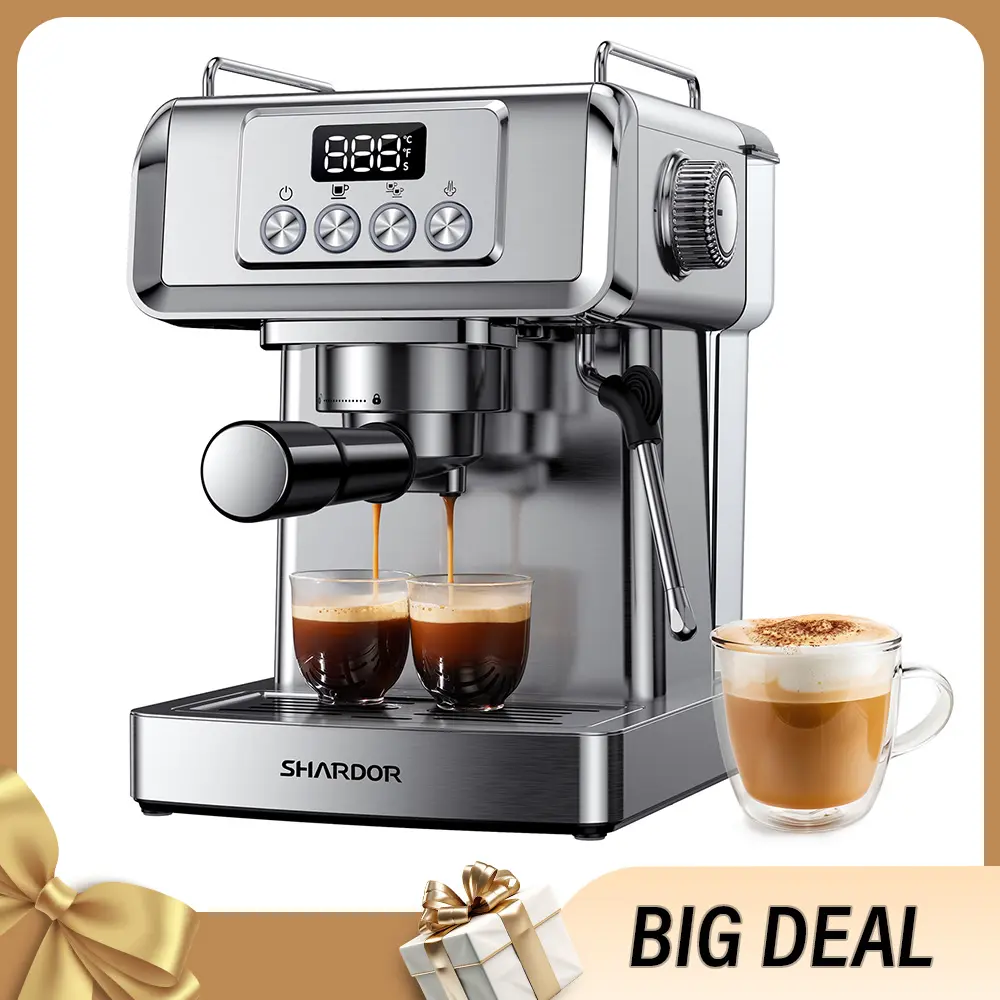 SHARDOR 20-Bar Automatic Espresso Machine for At Home Use - Metallic Stainless Steel Kitchen Appliance with Milk Frother Steam Wand, LCD Display, Buttons, 60 Oz Removable Tank, 1350W Single Cup Brew Station