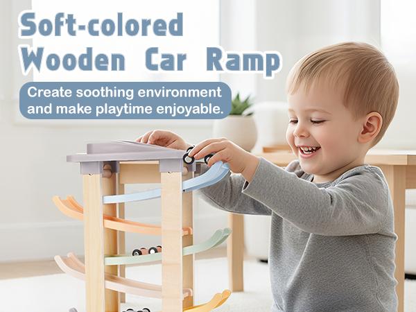Joyreal Montessori Toddler Toys for 1 2 3 Year Old - 7 Level Wooden Car Ramp Racer Toys with 8 Mini Cars & 2 Garages - Christmas Birthday Gifts for Boys and Girls