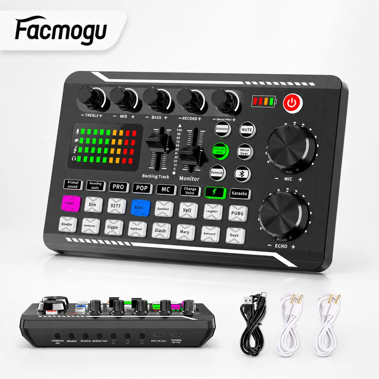 [Facmogu] F998 Live Sound Card Audio Mixer - Bluetooth Podcast Audio Interface with DJ Mixer Effects, Voice Changer, Smartphone Compatibility, Cable, Plug & Button Controls for PS4, PS5 Karaoke Live Streaming