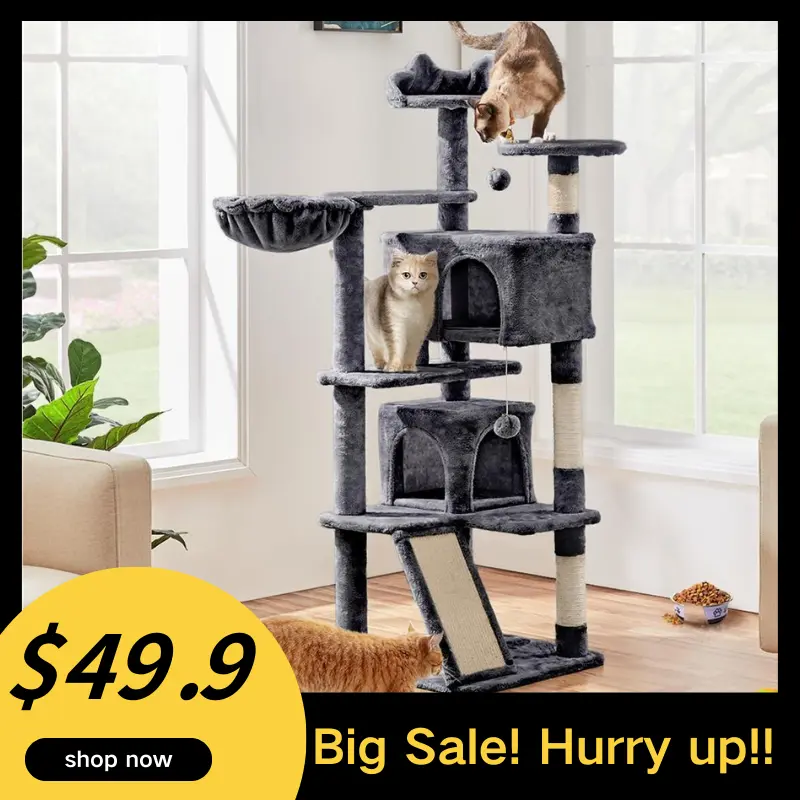 【Valentine Gift】Yaheetech 54"/57''/63"/79"/82" Cat Tree Multilevel Cat Tower with 2 Condos & Dangling Ball & Round Platform & Ladder