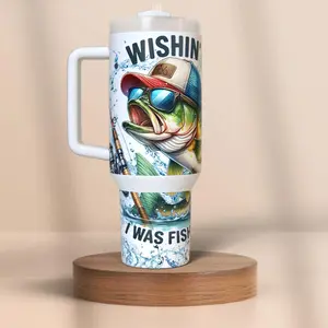 Wishin’ I Was Fishin’ 40oz Fishing Tumbler With Handle – Funny Fisherman Gift, Insulated Stainless Steel Travel Cup