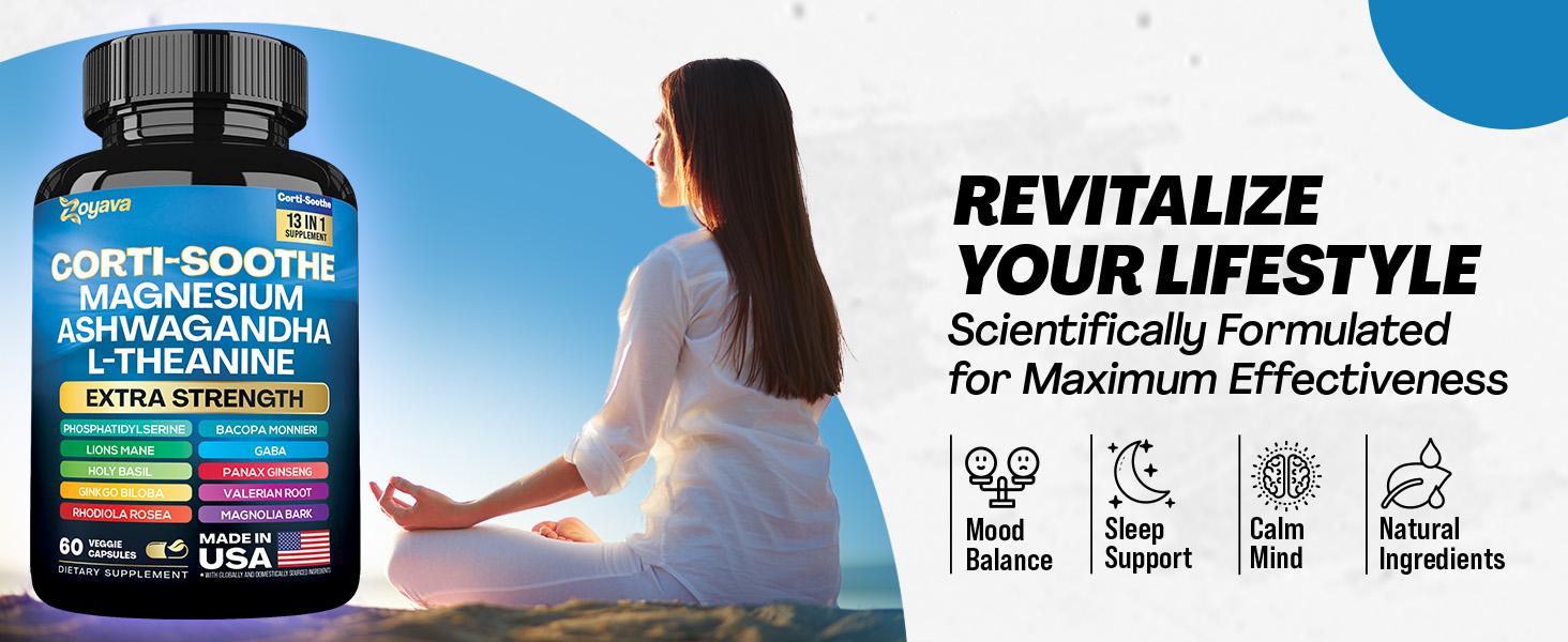 Zoyava Corti-Soothe Supplement, All-in-One Cortisol Supplement with Magnesium, Ashwagandha, L-Theanine & 10+ Extra Strength Ingredients, 60 Capsules, MADE IN USA