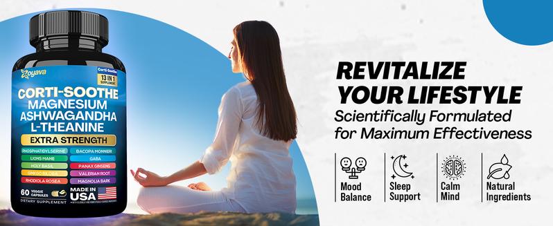 Zoyava Corti-Soothe Supplement, All-in-One Cortisol Supplement with Magnesium, Ashwagandha, L-Theanine & 10+ Extra Strength Ingredients, 60 Capsules, MADE IN USA