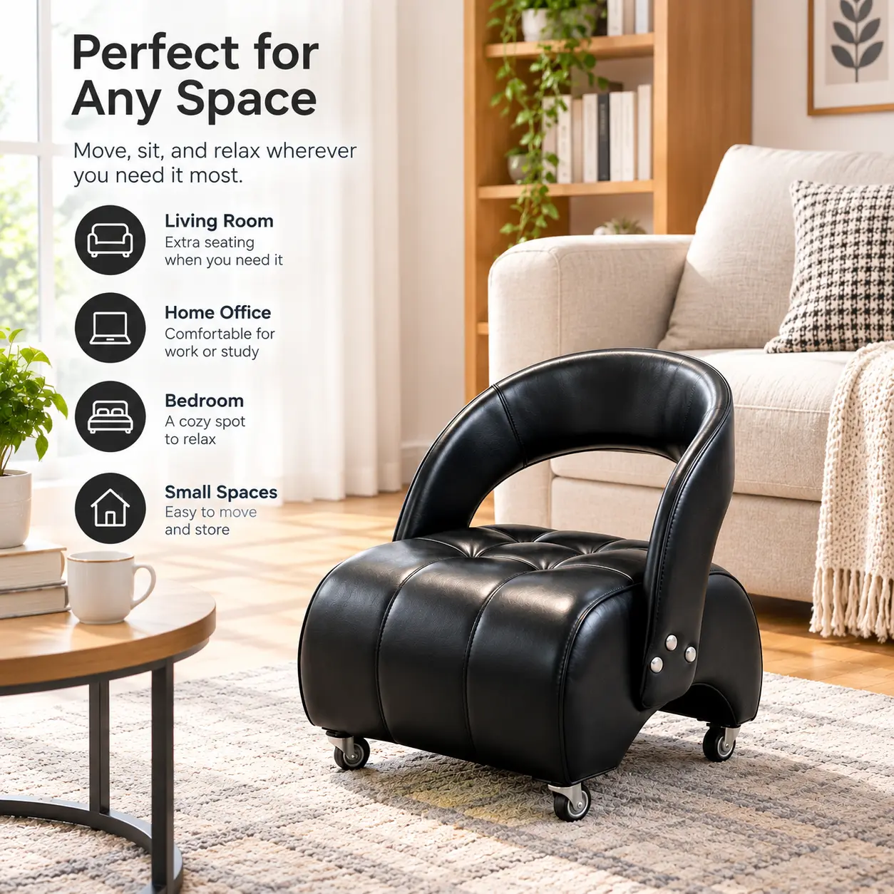 Upholstered Leather Rolling Lounge Chair,For Living Room Bedroom Home Office Use,Compact Size
