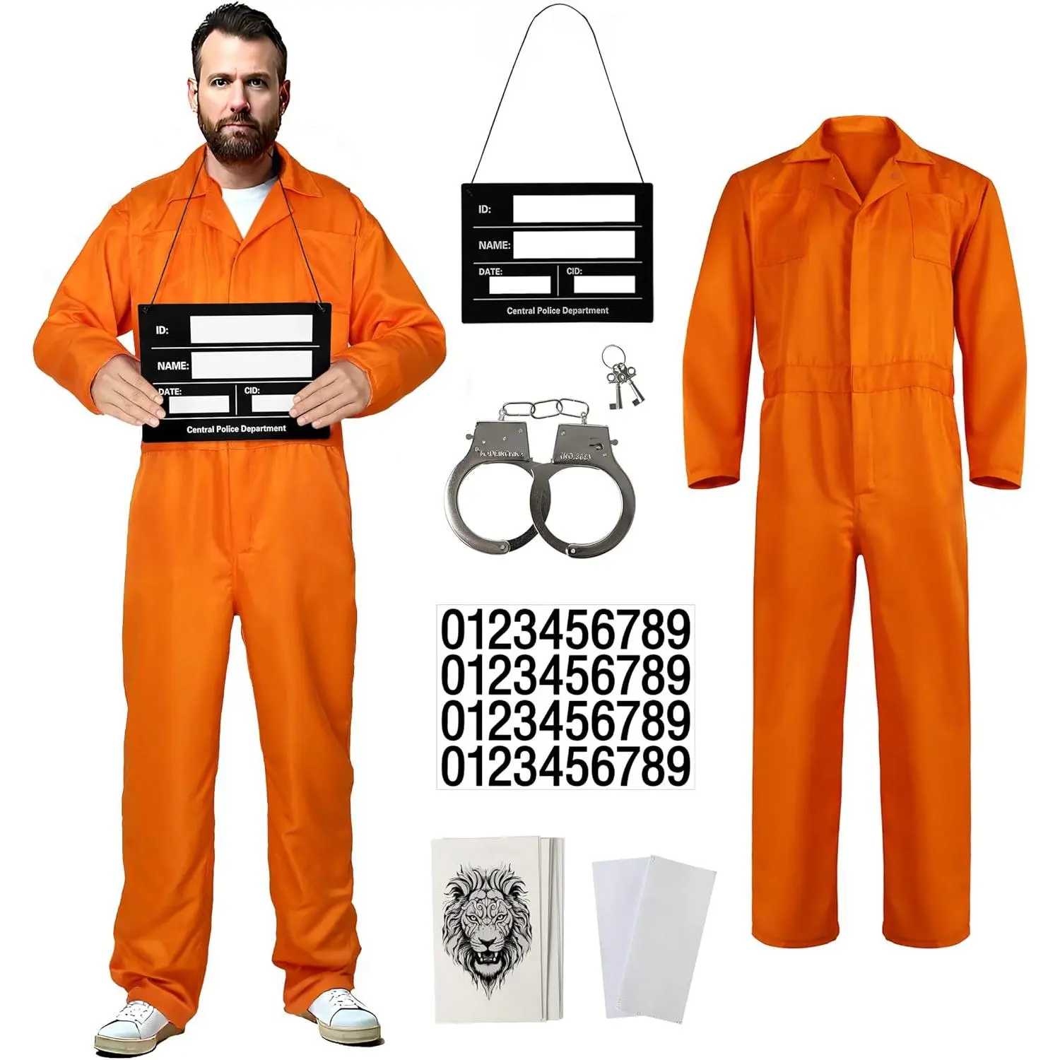 Men's Orange Prison Jumpsuit - Adult Inmate Jail Uniform, Halloween Costume, Prison Themed Party Role Play Outfit, Festive Party Accessory with Name Tag and Pockets