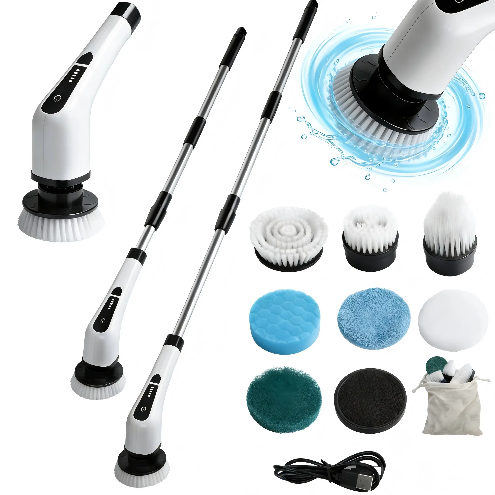 Cordless Electric Spin Scrubber, 9 Replaceable Brush Heads, 5-Speed Bathroom Cleaner Kit with Long Handle, USB-Rechargeable via USB Cable, Time-Saving Tool for Shower Deep Clean, Housewarming Gift Mother’s Day Gift for Bathroom Upgrade