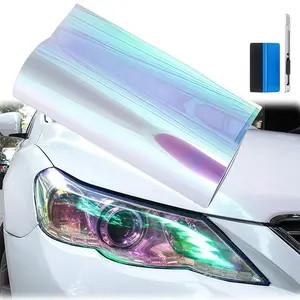 FONESO 12" x 60" inches Shiny Chameleon Headlight Tail Lights Tint Film Tool Kit, with Squeegee & Cutter - Self Adhesive Taillight Vinyl Tint Wrap Decals Protector Sheet Sticker Fog Lights Films, Car Lights Cover Fog Lights Sticker Roll - 5FTx1FT