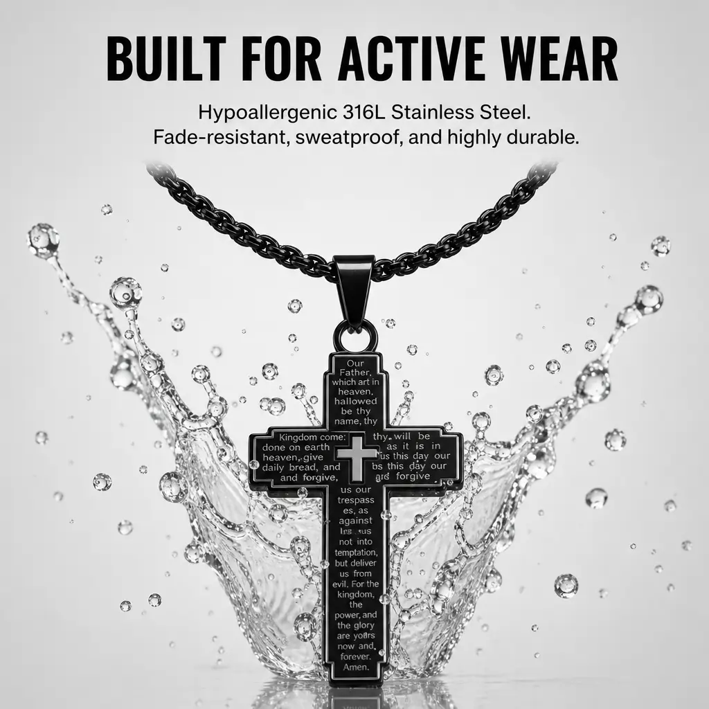 Men's Matte Black Hypoallergenic 316L Stainless Steel Cross Necklace - Engraved Prayer, Sweatproof Stylish Accessories for Daily Active Wear, Gifting, Faith-Inspired Religious Jewelry, Cross Chain, Spiritual Jewelry, Built For Active Wear, Male