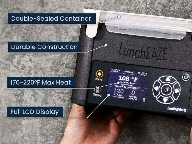 LunchEAZE XL Cordless Heated Lunchbox – Battery-Powered, 6-Cup Capacity, 220°F Max, Automatic Scheduled Heating, Insulated Bag Included