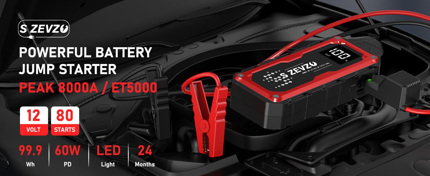 8000a Peak Portable Car Jump Starter with LED Light – Emergency Booster Battery Pack, Power Bank, Wireless Charging, Car Battery Jump Starter Tool​