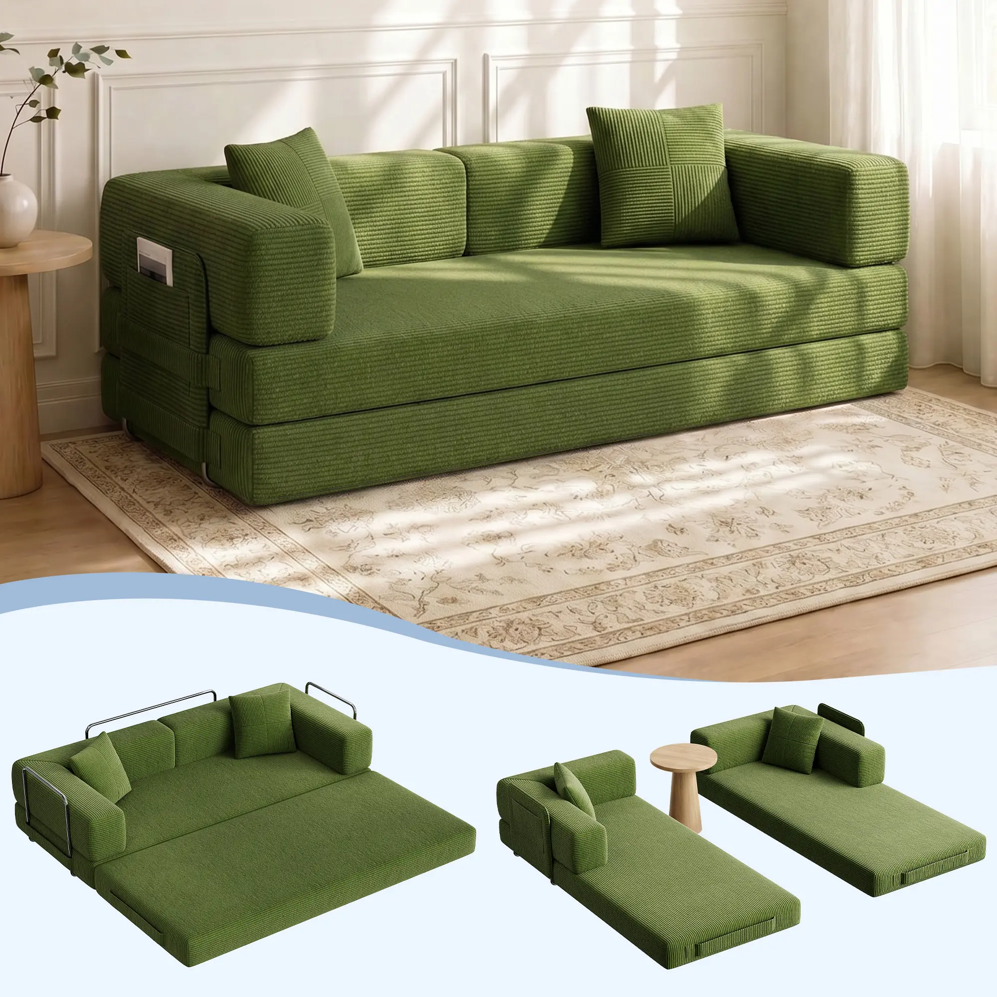 EIDOSORIGOS 80" Cloud Floor Sofa Bed 5-in-1 Folding High-Quality Convertible Comfy Corduroy Fabric, Premium Sponge Padding, Multi-Functional Floor Sofa & Mattress for Living Room Upholstered Soft Couch,Christmas gift