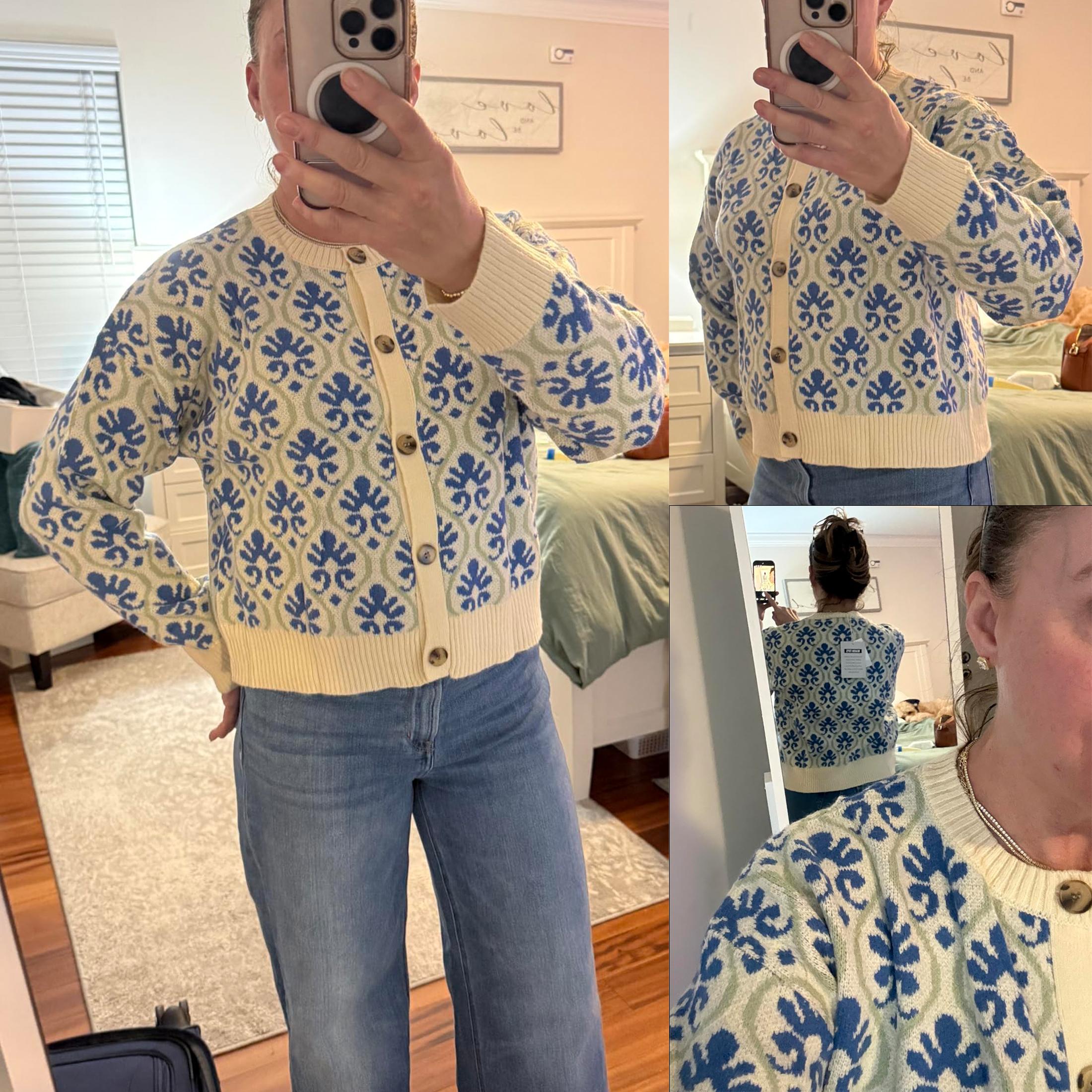 Buenoble Vintage Damask Floral Printed Cardigan Sweater for Women, Round Neck Button Down Long Sleeve Knit Open Front Retro Pattern Knit Outerwear Fall Casual Sweater Coat