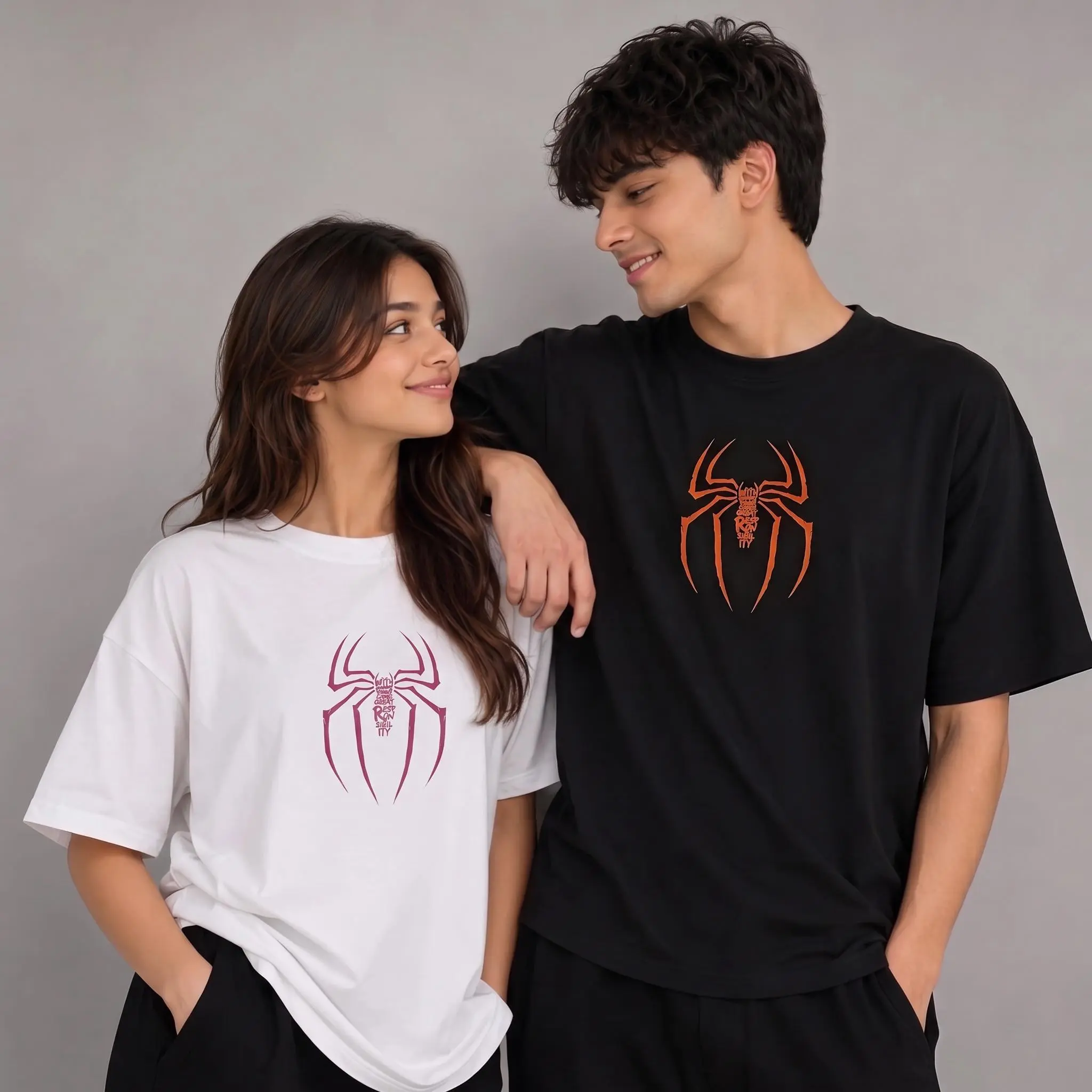 Retro Spider Web Matching Couples T-Shirt, Halloween Ghost Costume Graphic Tee, Boyfriend Girlfriend Cute Matching Outfits, Oversized Superhero Graphic Streetwear Top
