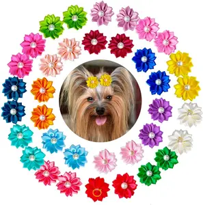 36 pcs Colored Polka Dot Hair Bows Tiny Dog Hair Grooming Bows Pearls Flowers Topknot Dog Bows with Rubber Bands Cute Pet Grooming Accessories for Dogs