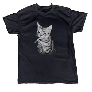 Gildan Men's and Women's T-shirt, Black cat cigarette cotton t-shirt, Animal tee, Y2k Unisex Graphic Tees Gothic Grunge Emo Scene Amity Affliction Style Clothes Menswear Womenswear Streetwear