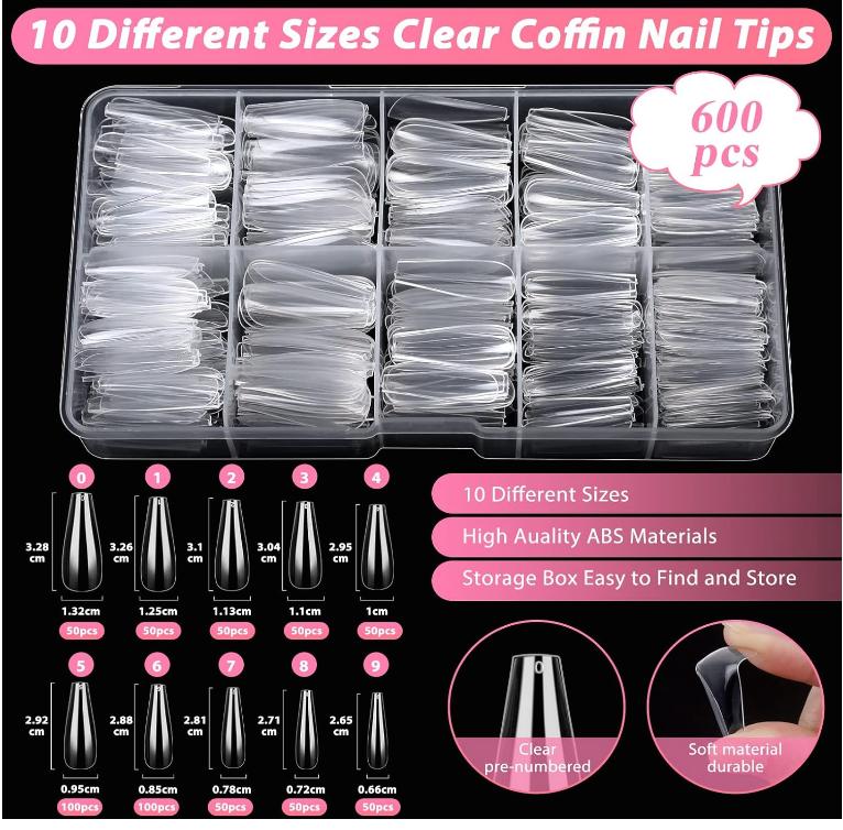 600PCS Clear Coffin Nail Tips Set Qinzave Clear Acrylic Nail Tips with Nail Glue Coffin Nails Full Cover with Nail Display Stand, Cuticle Nail Pusher Remover, Nail Files Buffer