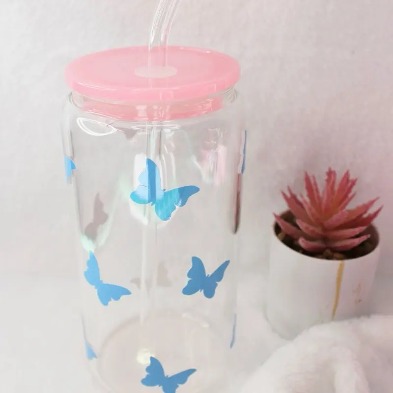 Color Changing Butterfly Glass Cup 16oz Tumblers | Blue to Purple Tumblers | Cold Drinks Glass Tumblers | Aesthetic Glass Tumblers