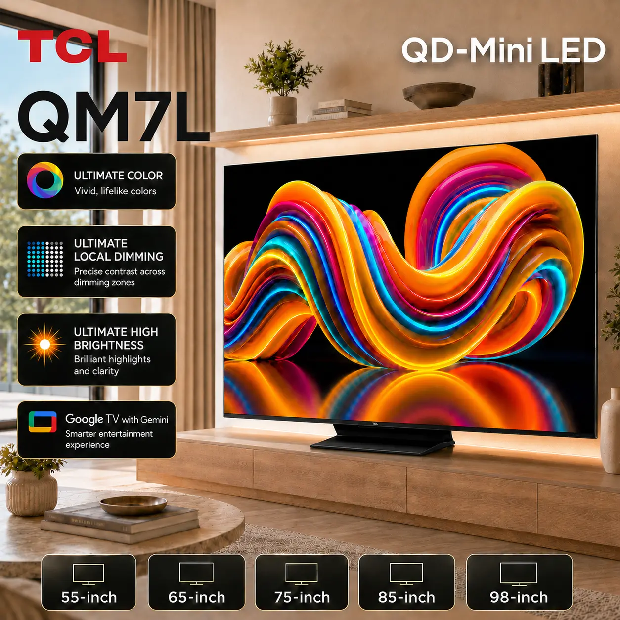TCL QM7L Series | SQD-Mini-LED QLED Smart TV | 2026 Model | 144Hz | Ultimate Color Ultra Brightness & Contrast | Google AI Bang & Olufsen | Voice Gaming Streaming Television tiktokshopbacktoschool