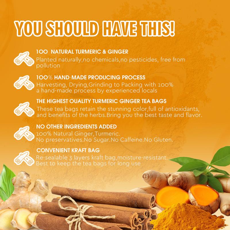 Turmeric and Cinnamon Tea: 100% natural, rich in turmeric, ginger, and cinnamon. Suitable for the ketogenic diet, dairy-free, sugar-free, caffeine-free, gluten-free, a vegan and healthy drink that aids digestion. 60-sachet value pack of herbal tea.