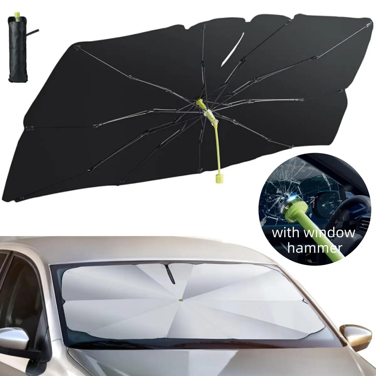 54" x 30" inches 2 in 1 Car Windshield Sun Shade Cover Umbrella With Safe Hammer, Foldable Car Umbrella Sunshade for Summer, Universal for Cars SUVs For BMW Chevy Ford Honda Jeep Nissan Toyota Mercedes-Benz Hyundai VW Buick LEXUS MAZDA Kia Acura Tesla