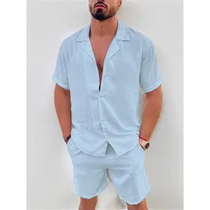 KZZ men's two-piece solid color button up front shirt and elastic waist shorts two-piece set, street wear short sleeved top and pocket design shorts suitable for formal occasions beach wear, men's wear, casual wear