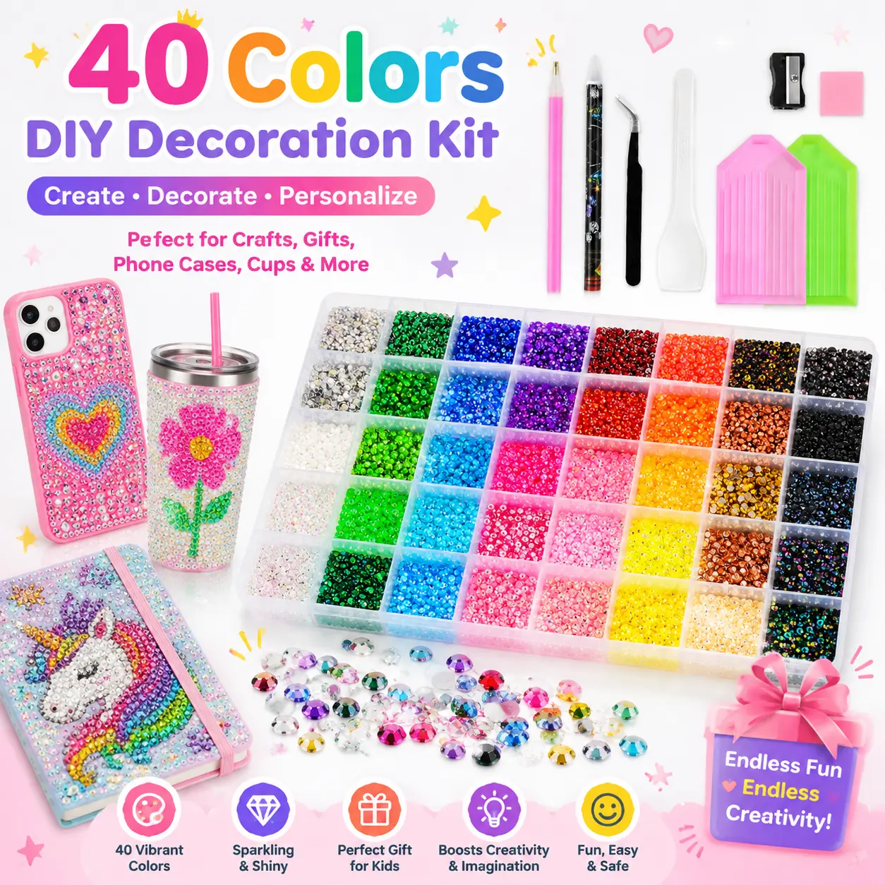 34000Pcs Multicolor Resin Rhinestones Craft Kit, Flatback Gem Beads with Complete DIY Tools, Bling Decor Toy for Kids & Adults, Great for Handmade Projects, Tumbler & Art Creation