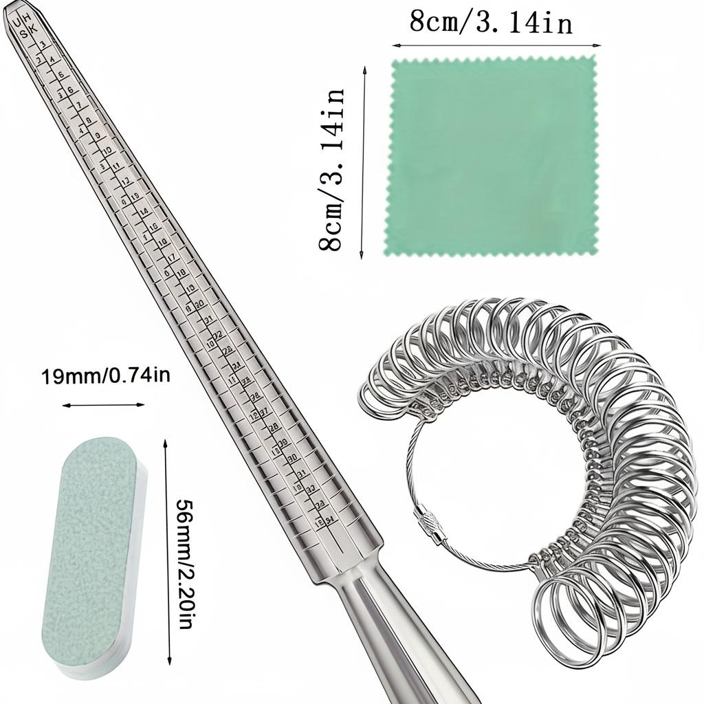 Professional Jewelry Ring Sizer Set Includes Four Metal Gauges Core Mandrel and Finger Measuring Belt for Accurate Sizing