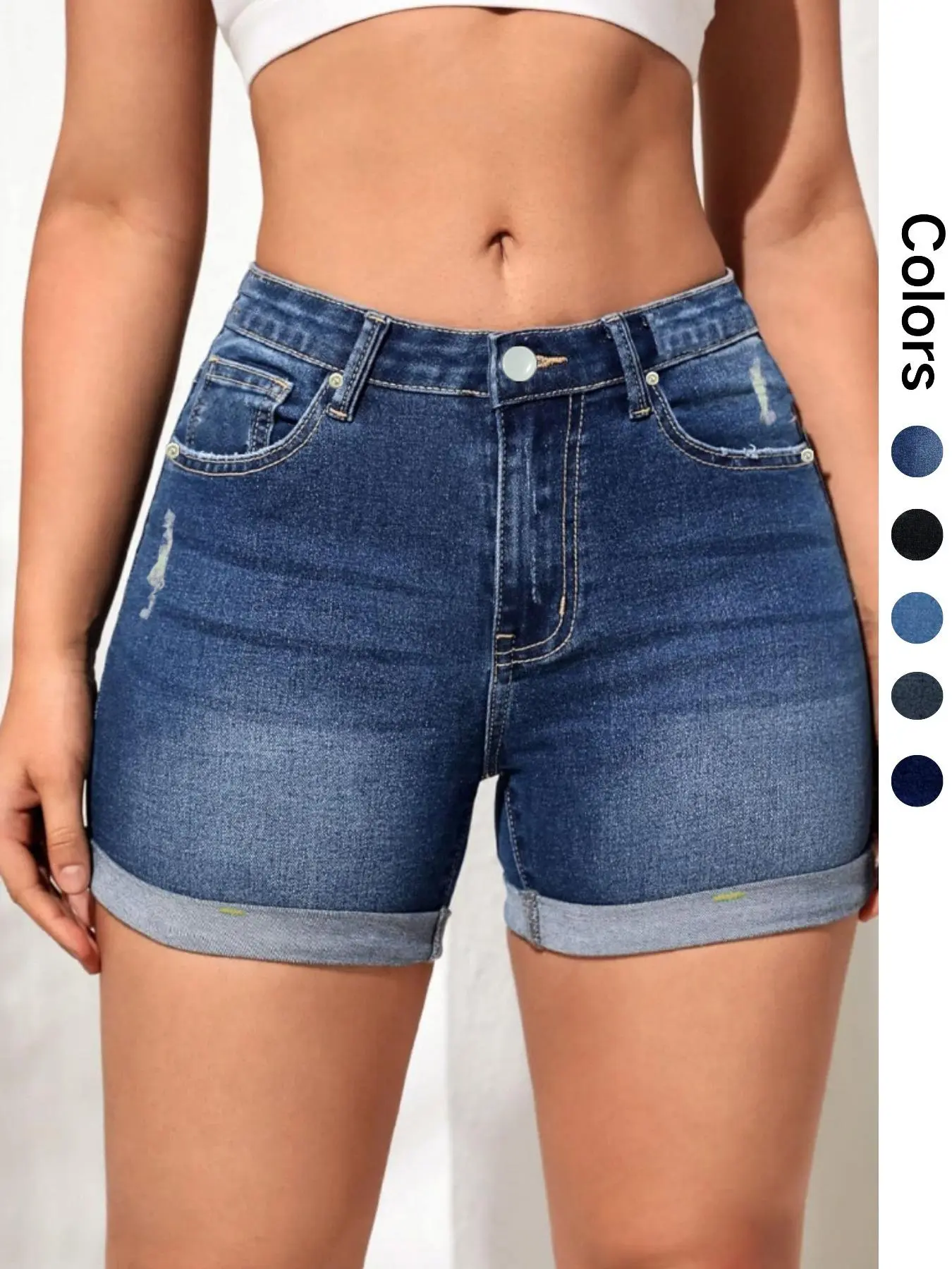 Women's Ripped Pocket Dark Wash Button Denim Shorts, Casual Stretchy Fit Denim Shorts for Daily Wear, Ladies Bottoms for Summer, Elastic Shorts, Casual Jean Shorts, Womenswear