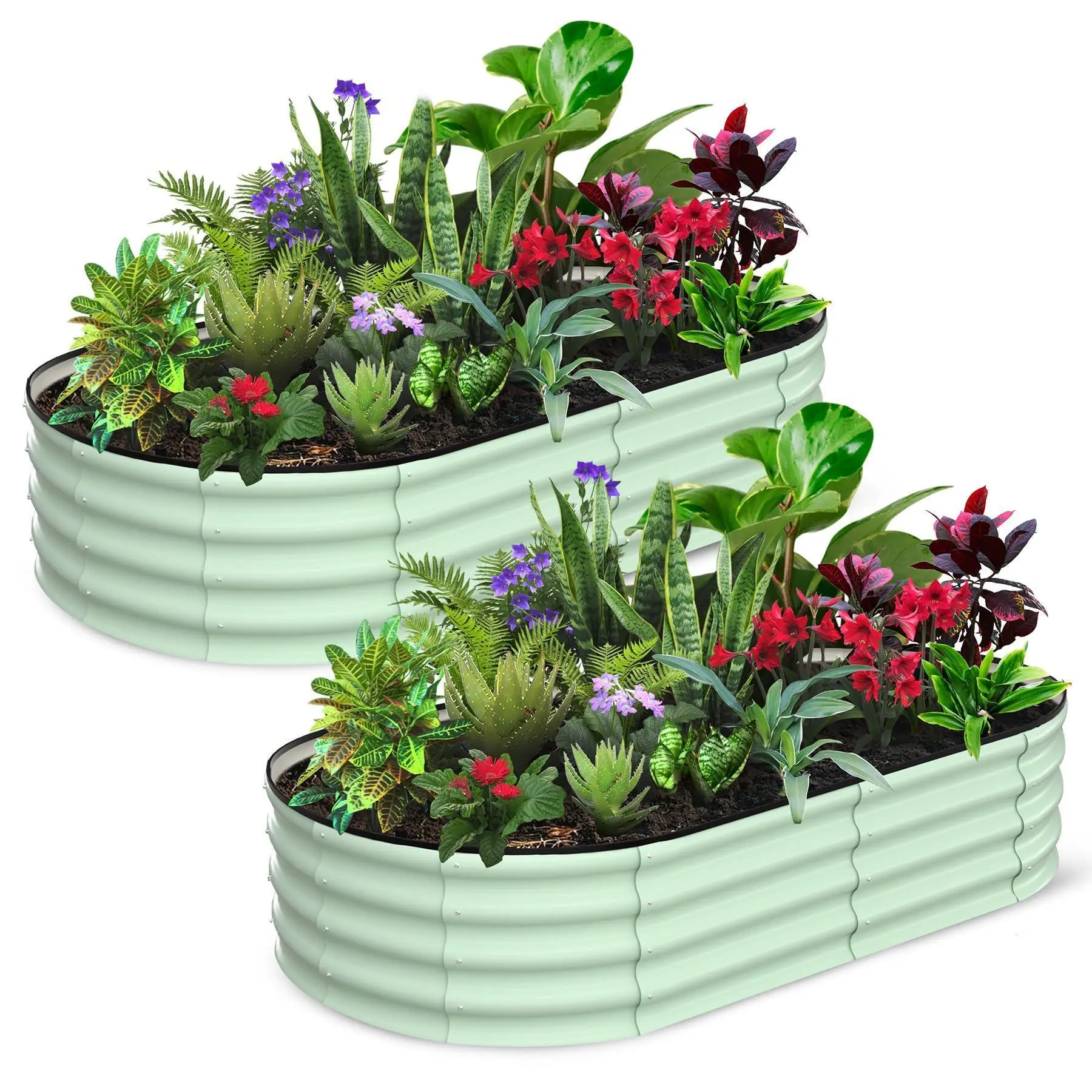 Gaomon 2-Pack 0.5 mm Galvanized Steel Oval Raised Garden Beds (6x3x1 ft) - Open-Ended Base Large Planter Pots, Tool-Free Assembly with Assembly Guide, Planters for Outside with Superior Drainage for Vegetables, Flowers, Outdoor Planters