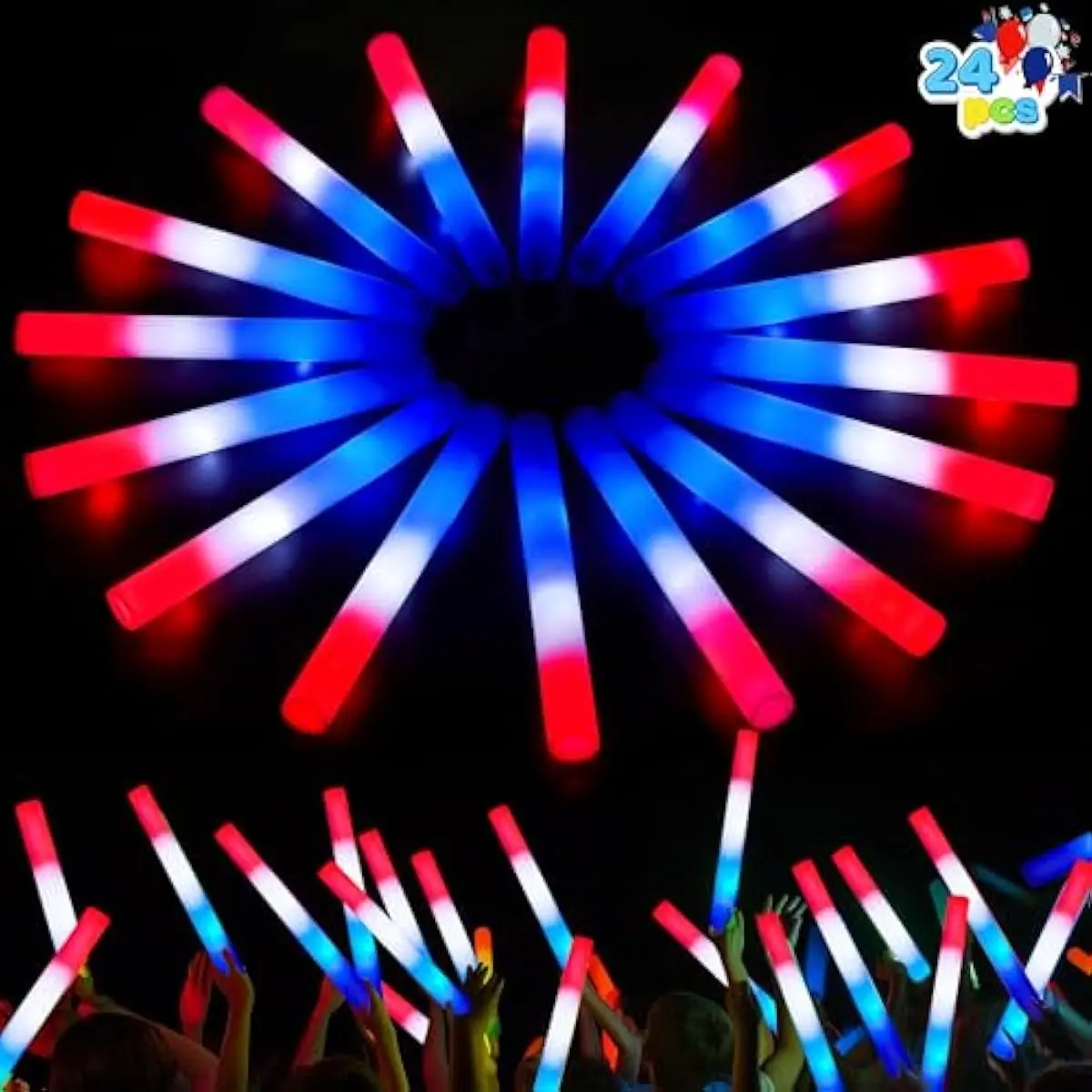 24Pcs July 4th Foam Glow Sticks, Red White Blue Patriotic LED Sticks with 3 Modes Flashing for Kid Adult, Glow in The Dark Party Favor Supplies for Independence Day Parade, Concert, Carnival