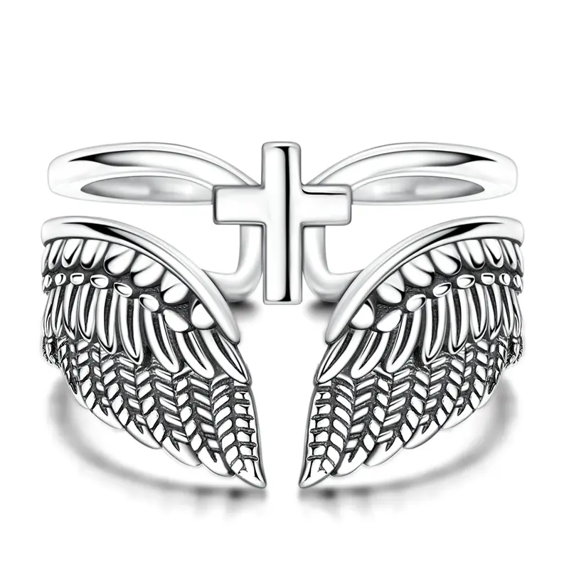 MULA 925 Silver-plated Guardian Angel Wings Cross Ring – Vintage Anodized Double-Ring Adjustable Opening Ring, a religious commemorative and consolation jewelry gift, the perfect present for girls and women.