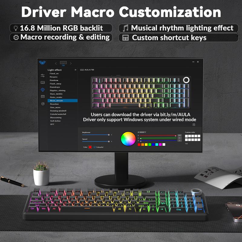 [Silent Switches]AULA F99 Pro Tri-Mode Mechanical Wireless Keyboard with Knob, BT5.0/USB-C/2.4GHz,Hot Swappable,Pre-lubed Switches,Gasket Structure,RGB Backlit Computer Gaming Keyboard (Black) Creamykeyboard Office PC Accessories TikTokShopfalldealsforyou