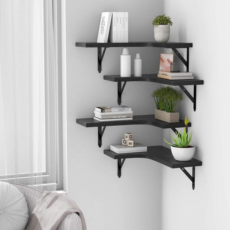 Corner Floating Shelves Wall Mounted Set of 4, Rustic  Storage Display Wall Shelves for  Decor, Bathroom, Kitchen, Bedroom, Living Room, Office (Black)