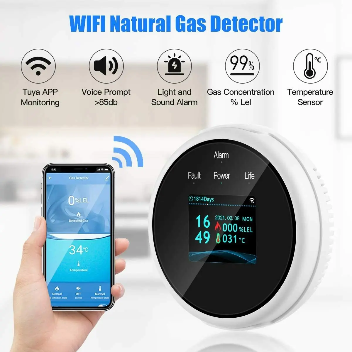 Gas Leak Detector Wifi for Home Natural Gas Leak Detector LCD Screen APP Alarm Wireless Indoor Security