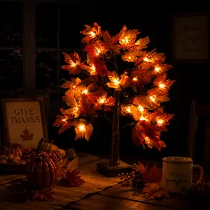 24 illuminated Thanksgiving autumn maple tree decorations, 24 LED battery-powered decorative artificial trees for indoor home rooms, holiday Christmas parties, leaf ornaments with timer
