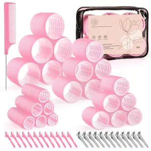 4 Sizes Self-Grip Hair Rollers Set for Long, Short Hair and Bangs - 50 Pcs with Clips (25mm, 36mm, 48mm, 60mm), Pink