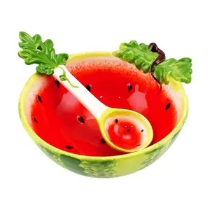 Golden Lion Creative Ceramic Dessert Salad Bowl Set with Spoon - Watermelon Design, 15.5cm Bowl
