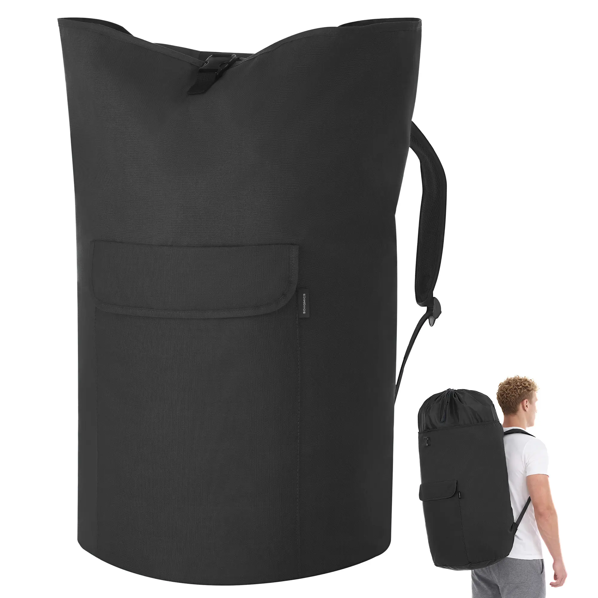 SONGMICS Laundry Bag, Laundry Backpack 31.7 Gallons (120 L), Heavy-Duty, Large with Extendable Top, Oxford Fabric, Wide Shoulder Straps and Flap Pocket