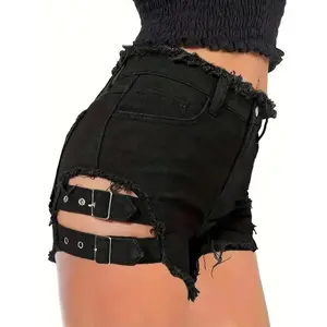 Women'SBlackDenimShortswithRawHem-HighStretch,FrayedHemDetail,RayonFabric,ElegantStyleforSpring/Fallplussizeclothing