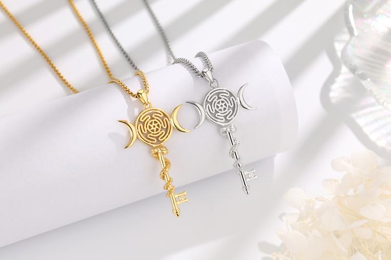 Eudora S925 Sliver Triple Moon Goddess Pendant, Hecate Key Necklace, Witchcraft Jewelry with Coiled Snake, Witchy Hekate Amulet, Spiritual Pagan Gift for Women