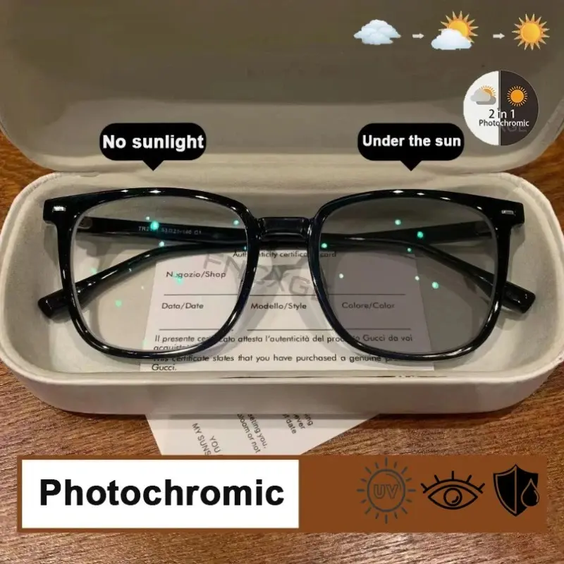 2026 Square Photochromic Glasses for Women & Men, Lightweight Transition Lens Eyewear, Replaceable Lens Fashion Frames for Everyday Wear, Driving & Outdoor Use