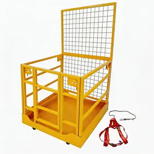 45" x 43" Forklift Safety Cage, 1400 LBS Capacity Forklift Man Basket Platform with Wheels & Safety Harness, Collapsible Lift Basket for Aerial Work, Loader Lifting